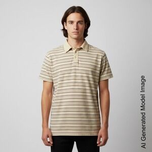 String Theory Mens Striped Polo Shirt Beige Brown Short Sleeve Cotton Size M